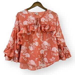 Ivy Jane Women’s Boho Peasant Top Blouse Orange Floral Ruffle Cotton Size XS
